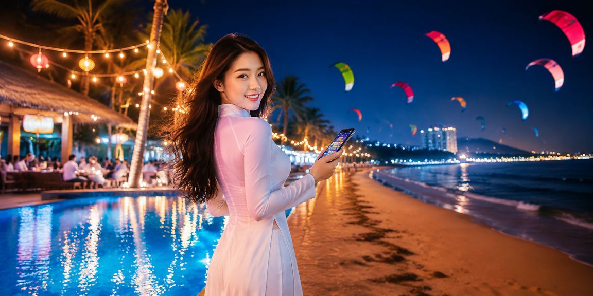 Người chơi xổ số tại Mũi Né với trang phục áo dài truyền thống Việt Nam tham gia cá cược trực tuyến